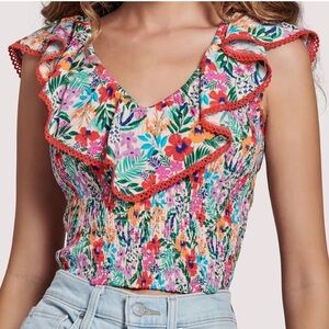 Anthro Lost + Wander All Summer Long Smocked Ruffle Top Off Shoulder Sz XL